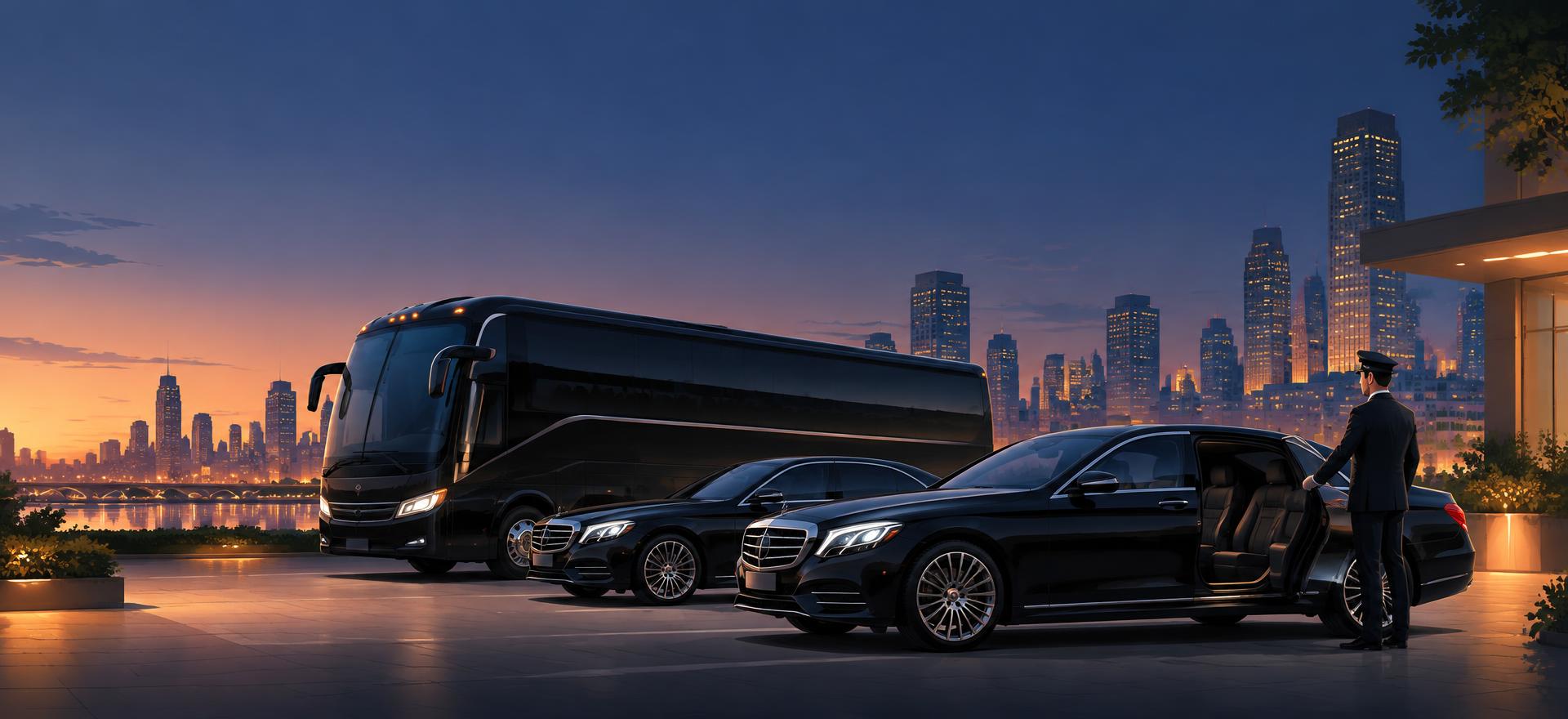 Charter bus and limousine black cars with a chauffeur at dusk