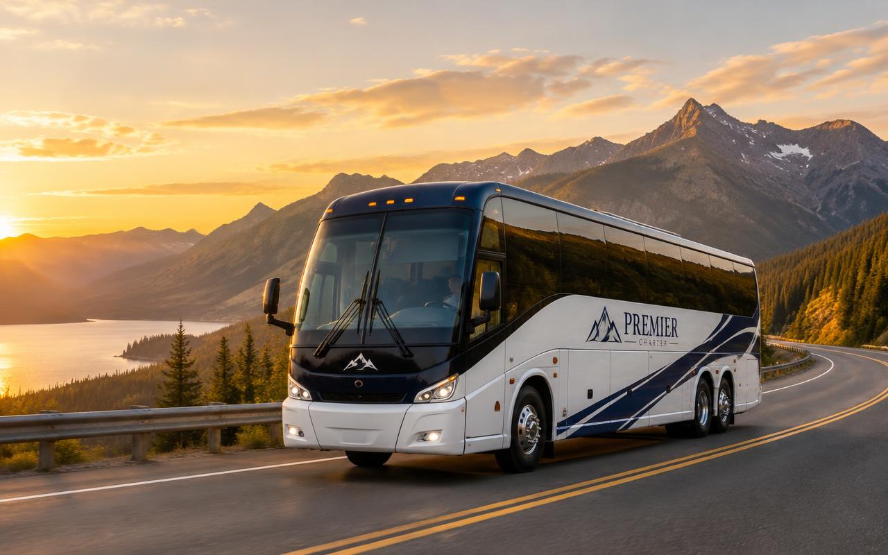 Charter motorcoach on a mountain highway