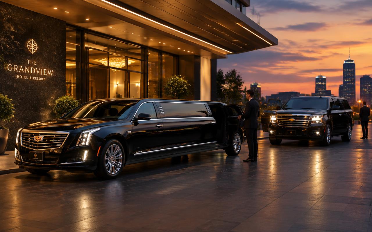 Black limousine and SUV with chauffeur at a hotel
